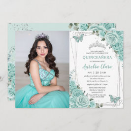 Convite Turquoise Green Floral Butterflies Quinceanera 15 