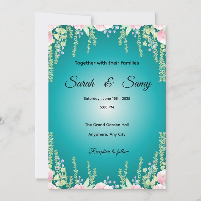 Convite Turquoise Green Floral Wedding Invitation | Elegan (Frente)