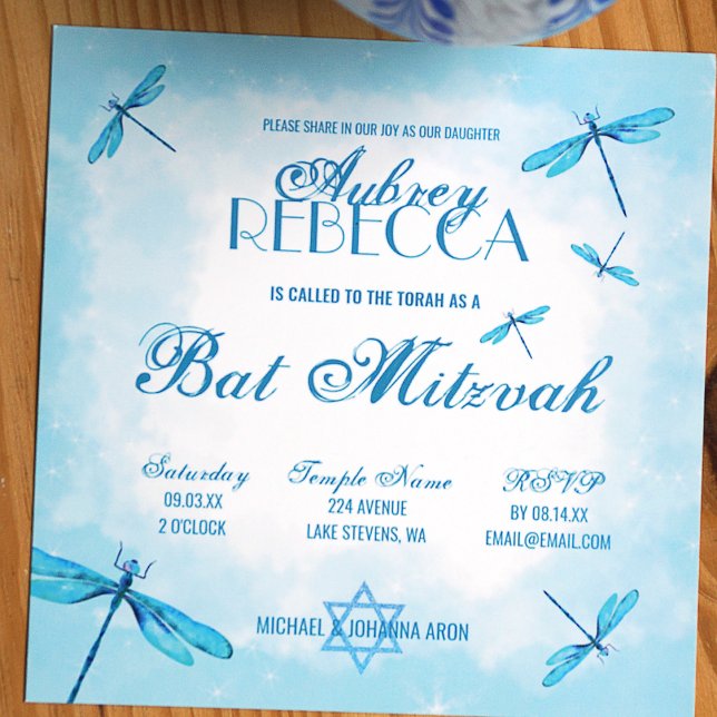 Convite Turquoise Light Dragonflies Bat Mitzvah (Whimsical turquoise dragonflies bat mitzvah invitation, unique square card)