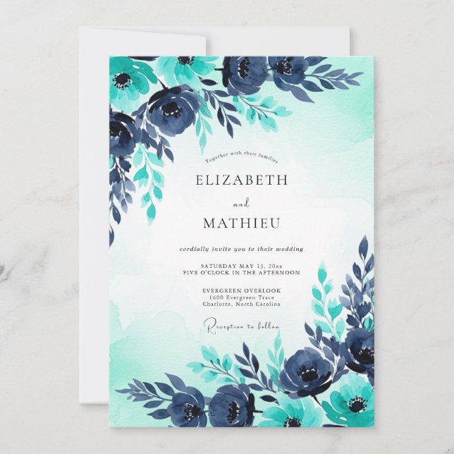 Convite Turquoise Navy Watercolor Winter Wedding (Frente)