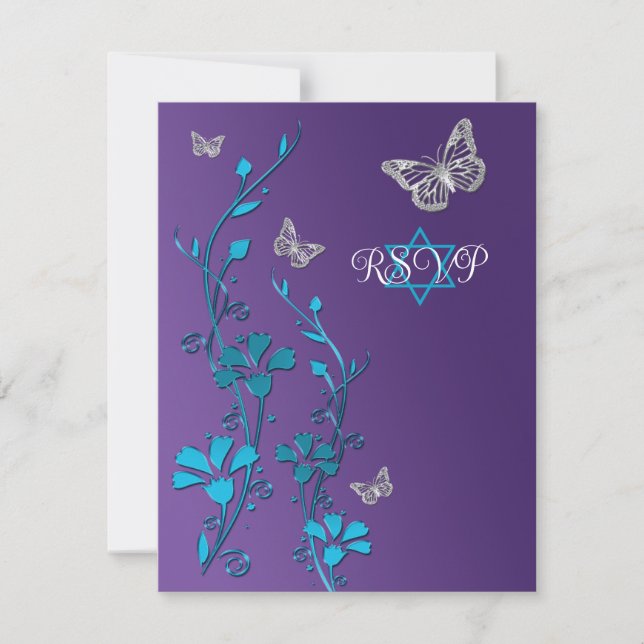 Convite Turquoise, Purple Floral, Butterflies RSVP Card (Frente)