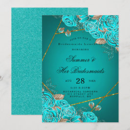 Convite Turquoise Rosas Geométricas Bridesmaids Luncheon