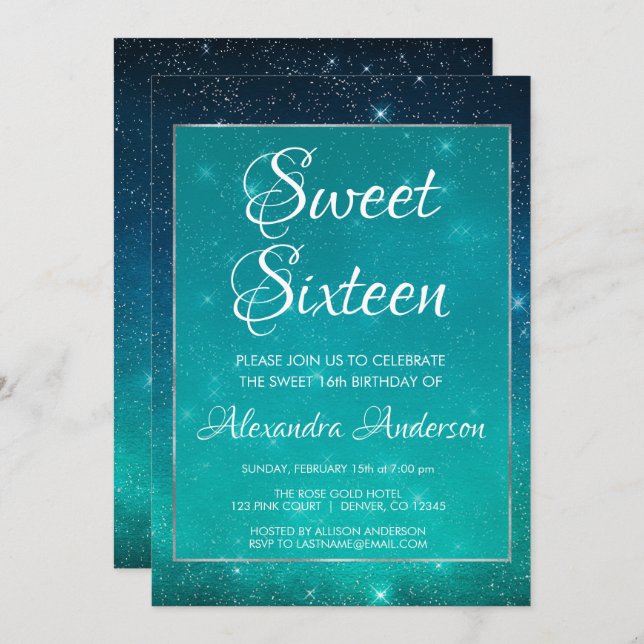 Convite Turquoise Sparkle Sky Sweet 16 Aniversário (Frente/Verso)