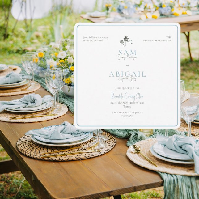 Convite Turquoise Tropics Rehearsal Dinner White Square (Criador carregado)