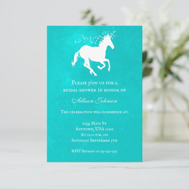 Convite Turquoise Unicorn Chá de panela Invite (Em pé/Frente)