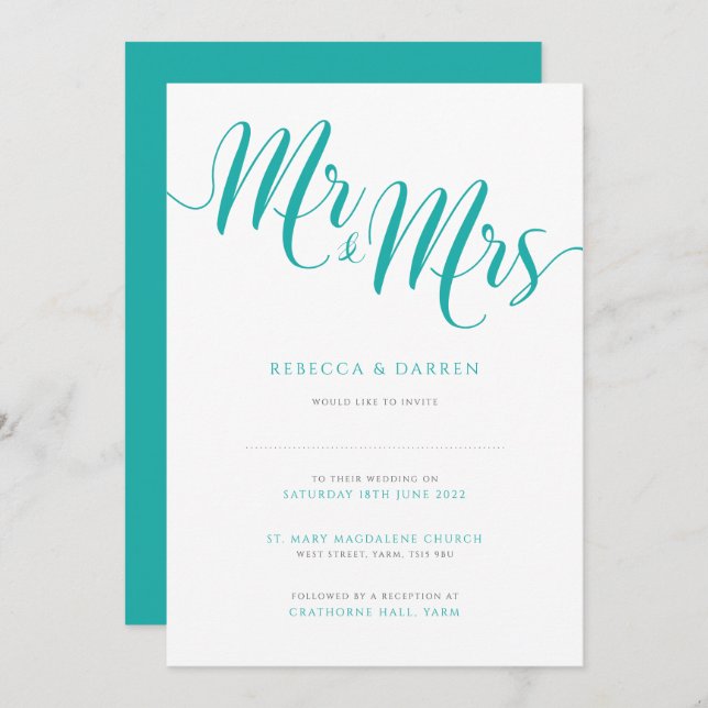 Convite Turquoise Wedding Sr. & Sra. (Frente/Verso)