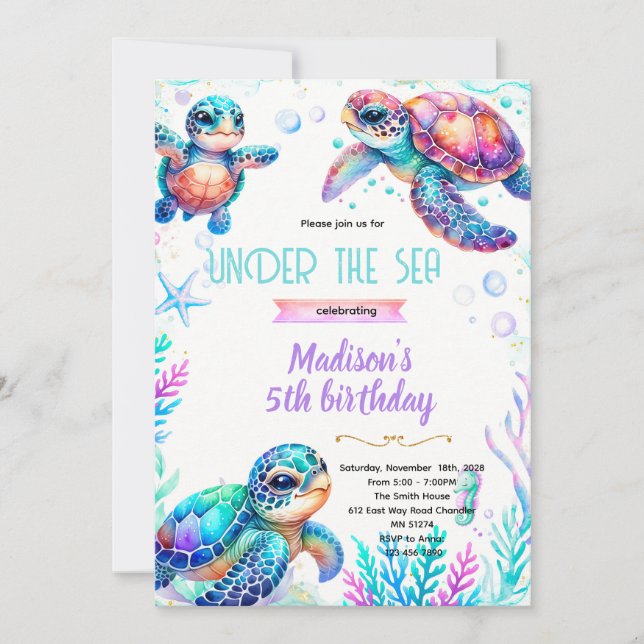 Convite Turtle girl party theme invitation (Frente)