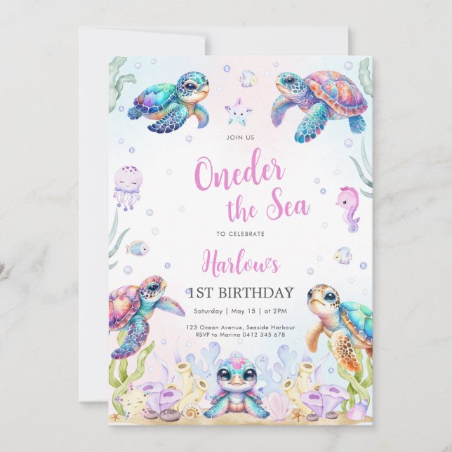 Convite Turtle Oneder The Sea 1st Birthday Invitation (Frente)
