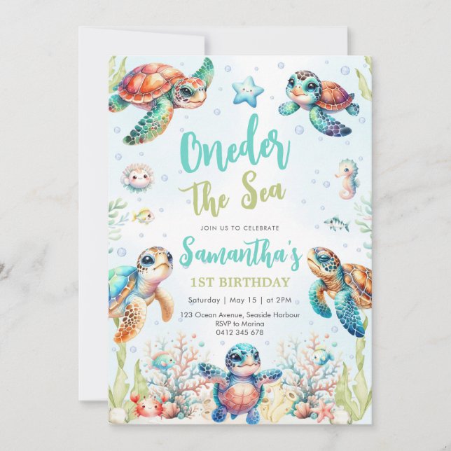 Convite Turtle Oneder The Sea 1st Birthday Invitation (Frente)