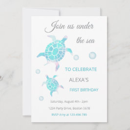 Convite Turtle Under The Sea Watercolor  1st Birthday 