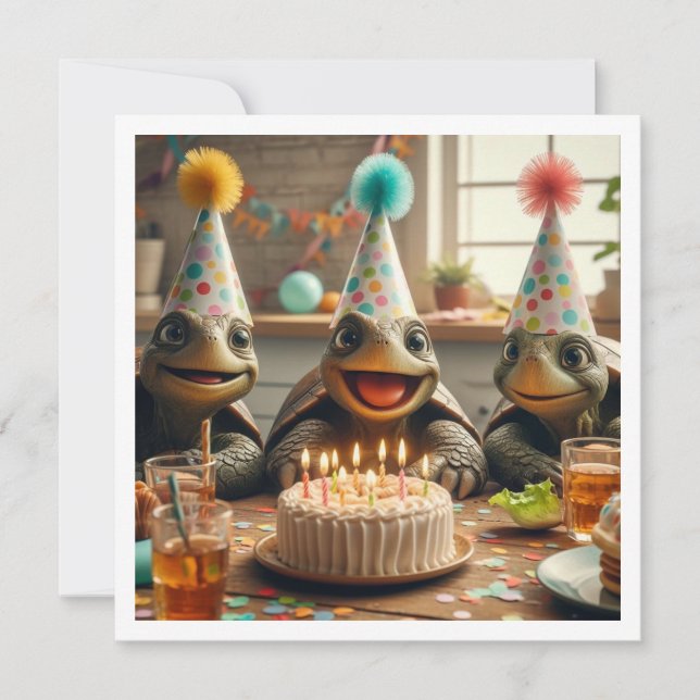 Convite Turtles celebrating birthday with cake and hats (Frente)