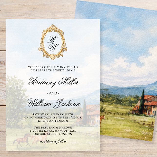 Convite Tuscan Countryside Landscape Monogram Wedding  (Criador carregado)