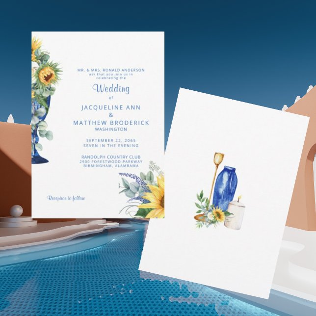 Convite Tuscan Sunflower Bride Parents Casando Texto Azul (Criador carregado)