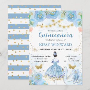 Convite Tutu Azul Bailarina de Cabelo Preto Quinceanera