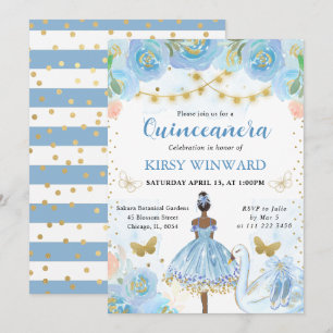Convite Tutu Azul Bailarina de Pele Morena Quinceanera