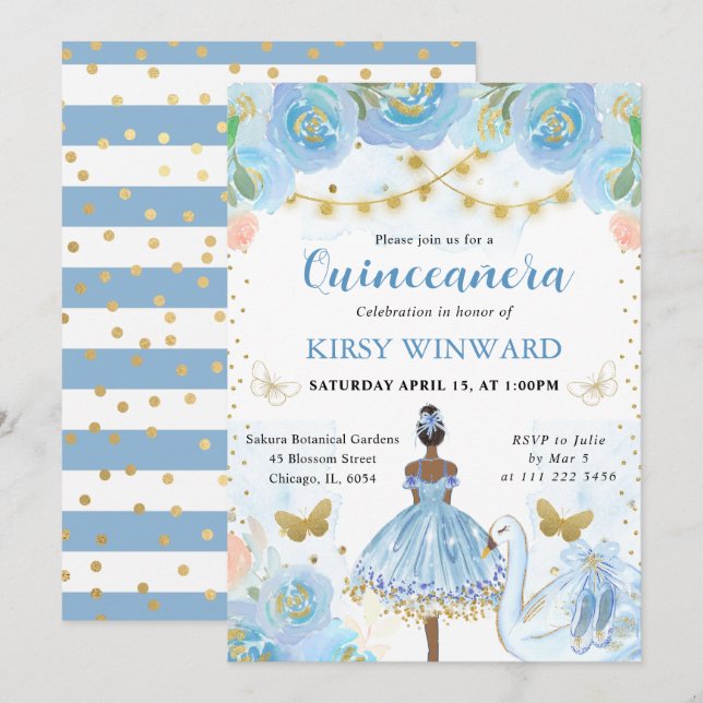 Convite Tutu Azul Bailarina de Pele Morena Quinceanera (Frente/Verso)