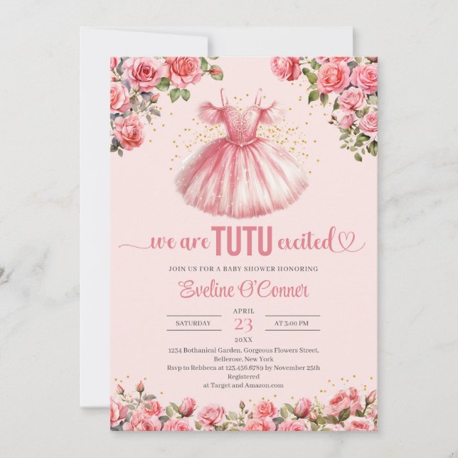 Convite Tutu com revestimento de água, roupa cor-de-rosa,  (Frente)