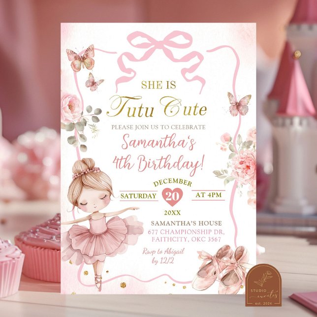 Convite Tutu de Bailarina com Laço Rosa Aniversário Fofo (Criador carregado)