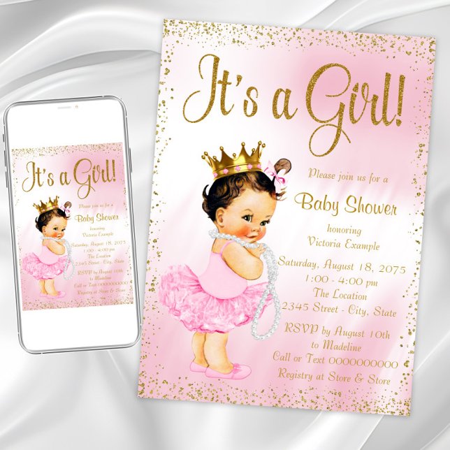 Convite Tutu de Bailarina Pequena de Ouro Rosa Chuveiro de (Pink gold princess baby shower invitation. Instant download and printed invitations available.)