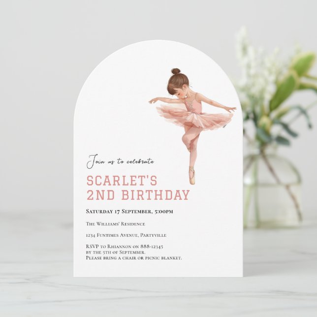 Convite Tutu de Bailarina Rosa para 2º Aniversário (Em pé/Frente)