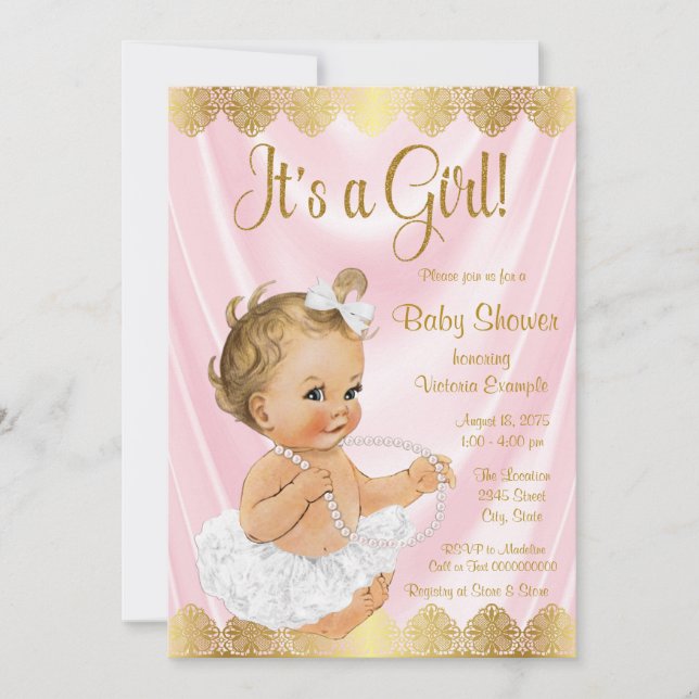 Convite Tutu de Bebê Rosa Dourado Pérola Chás de Bebê (Frente)