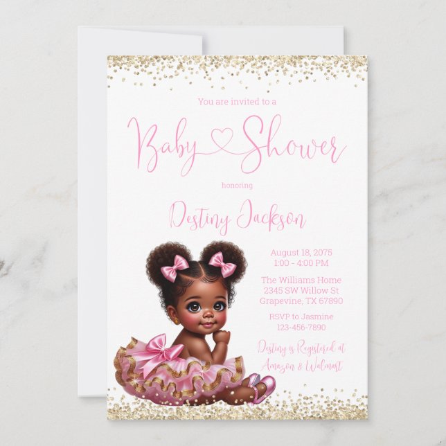 Convite Tutu de Glitter Rosa Dourado Chá de Bebê Menina Af (Frente)