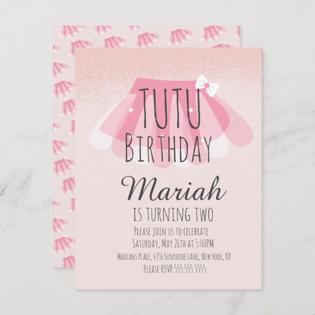 Convite Tutu Girl's Birthday Pink Faux Glitter (Frente/Verso)