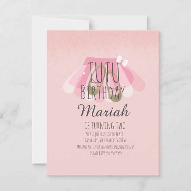 Convite Tutu Girl's Birthday Pink Faux Glitter Ballerina (Frente)