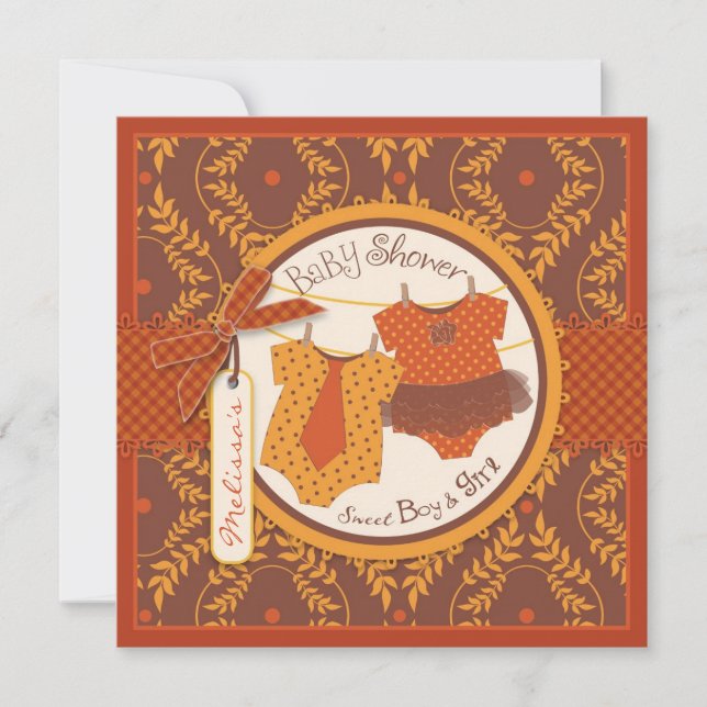 Convite Tutu & laço & chá de fraldas dos gêmeos da videira (Frente)