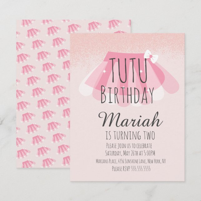 Convite Tutu Menina Aniversário Rosa Brilho Falso  (Frente/Verso)
