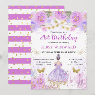Convite Tutu Roxo Bailarina de Cabelo Castanho Aniversário