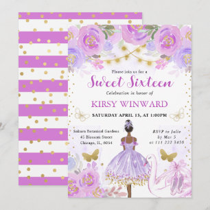 Convite Tutu Roxo Bailarina de Pele Morena Doce 16