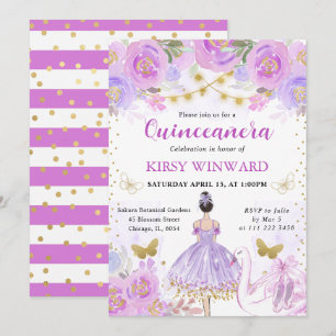 Convite Tutu Roxo Cabelo Preto Bailarina Quinceanera