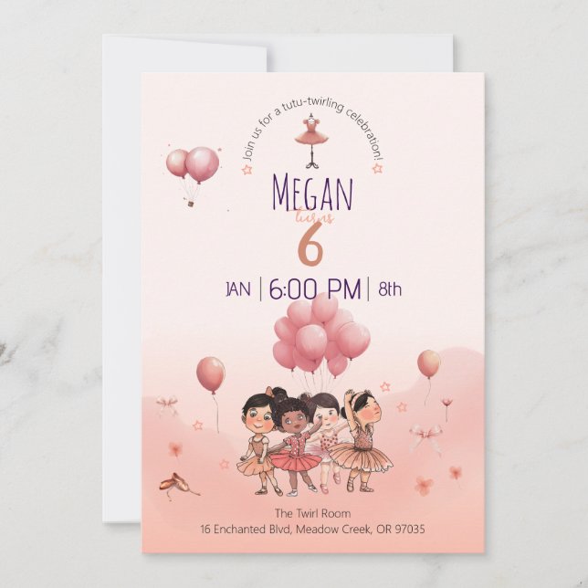 Convite Tutu Twirling Balé, Diverso Ballerina Aniversário (Frente)