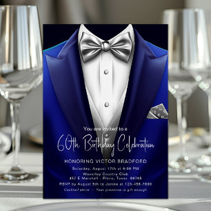 Convite Tuxedo Azul Royal Prata Aniversário Masculino Qual