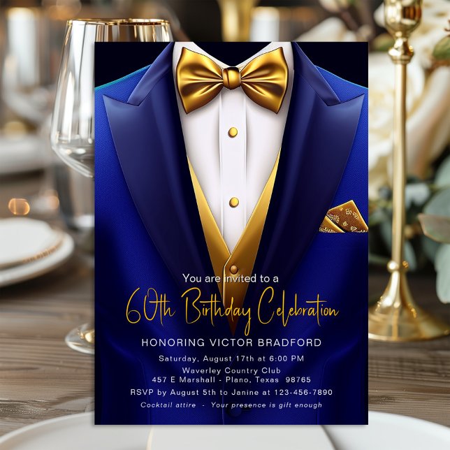 Convite Tuxedo Dourado Azul Real Aniversário Qualquer Núme (Blue and gold any number birthday or event invitation with classy blue and gold tuxedo design.)