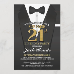 Convite Tuxedo Dourado preto aniversário de 21 anos Spy Su