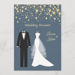 Convite Tuxedo & Gown, confete de ouro, chá de casal