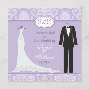 Convite Tuxedo & Gown no casamento tema damasco lilás lav