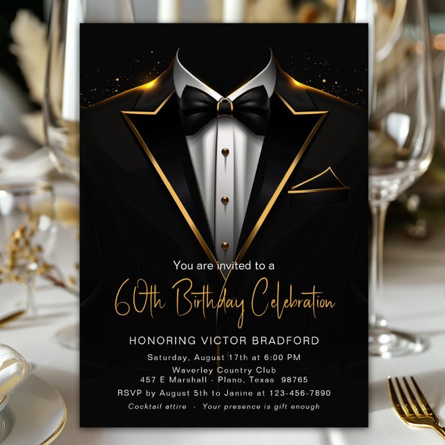 Convite Tuxedo Preto Dourado para Homens em Qualquer Númer (Black and gold tuxedo any number birthday or event invitation. Simply add your details.)
