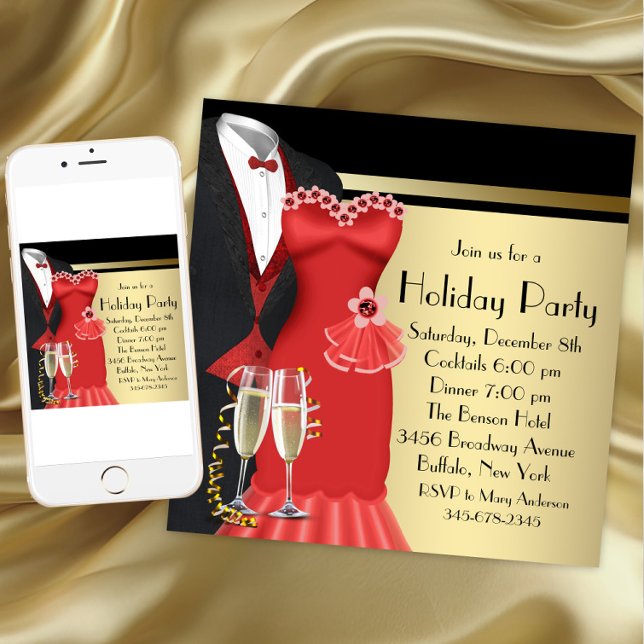 Convite Tuxedo Red Dress Elegante Natal (Christmas party invitation for any occasion. Available for download and printed invitations.)