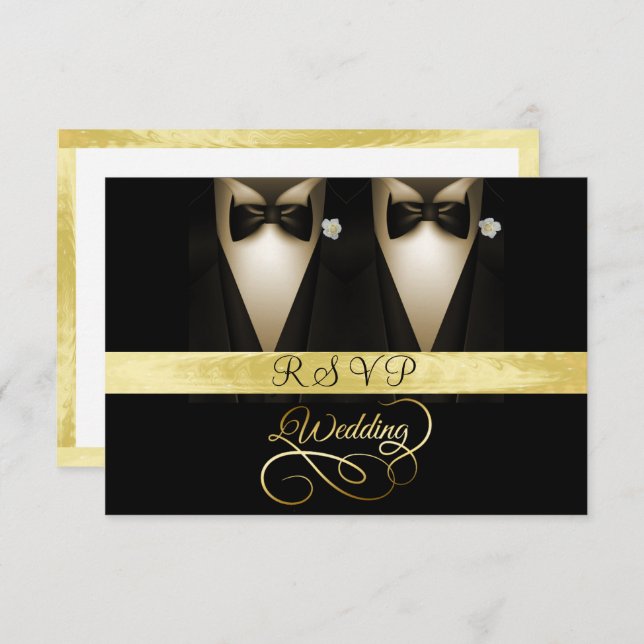 Convite Tuxedo, RSVP de Casamento Dourado e Preto da Rosa  (Frente/Verso)
