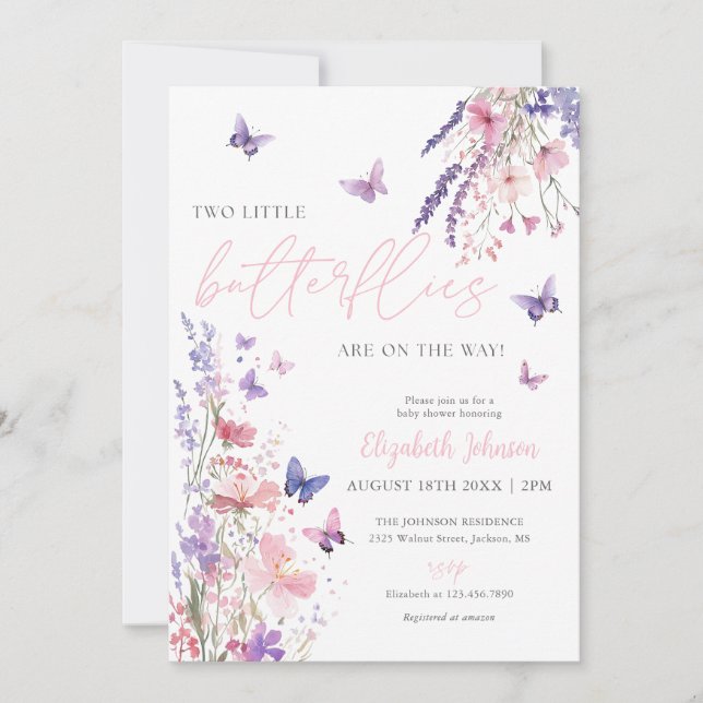 Convite Tw Little Butterflies Floral Twins Baby Shower (Frente)