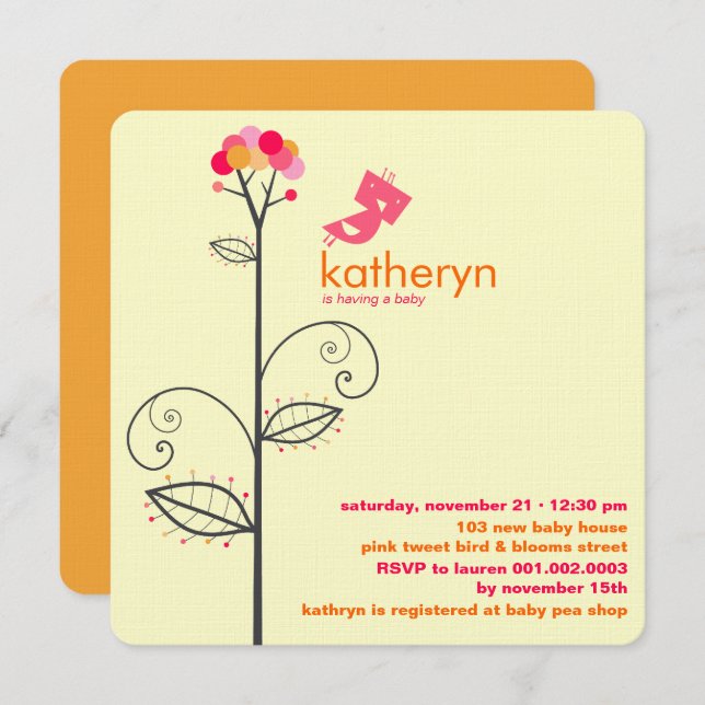 Convite Tweet Pink Bloom Dots Tree Chá de fraldas (Frente/Verso)