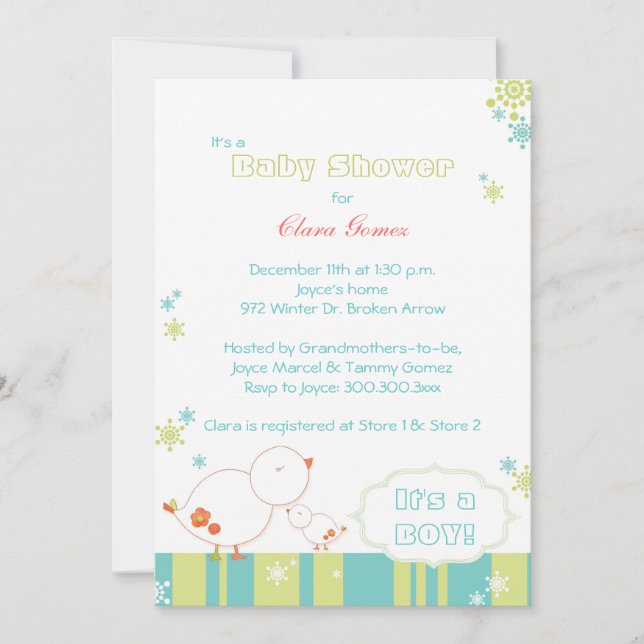 Convite Tweet Tweet Winter Birds Baby Boy Chá (Frente)