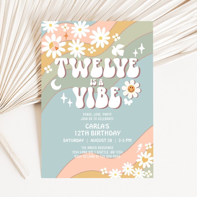 Convite TWELVE é um Vibe Daisy Hippie 70s Retro Birthday (Criador carregado)