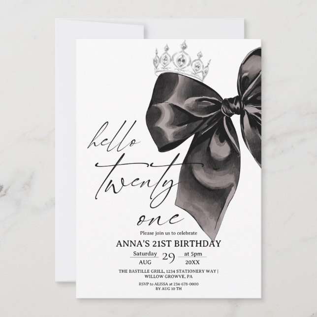Convite Twenty one Black Bow 21st Birthday Invitation (Frente)