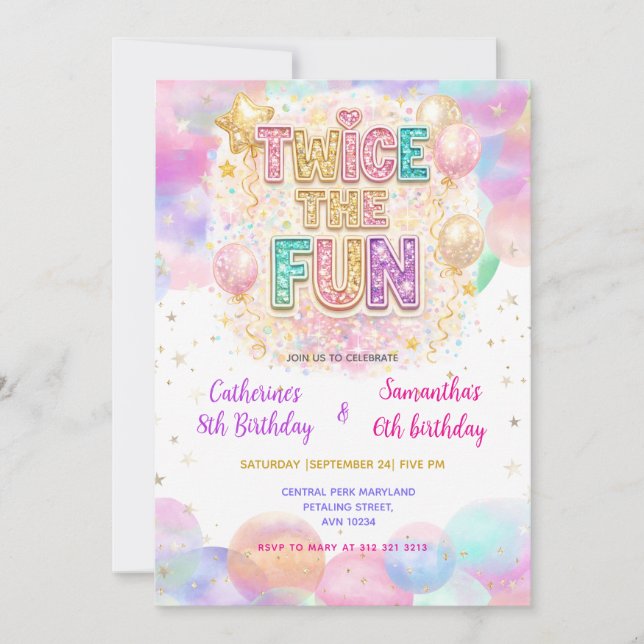 Convite Twice the Fun Pastel Glitter Double Birthday (Frente)