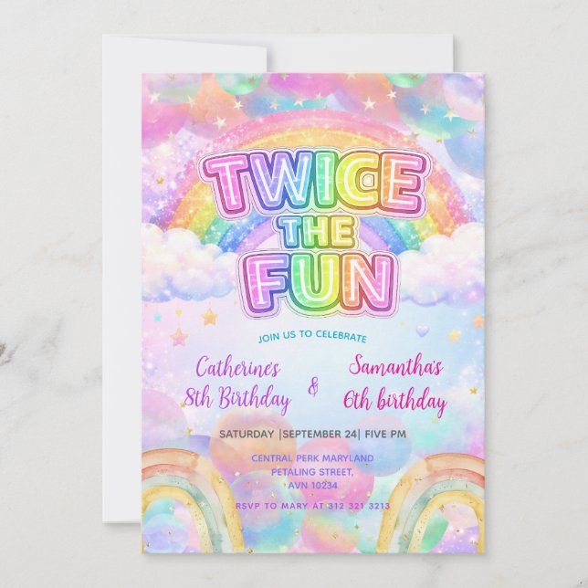 Convite Twice the Fun Rainbow Sibling Birthday  (Frente)