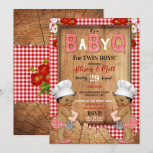 Convite Twin Baby Boys Red Gingham Wood Baby Q